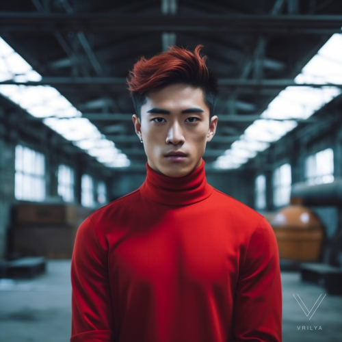 Red turtleneck. 