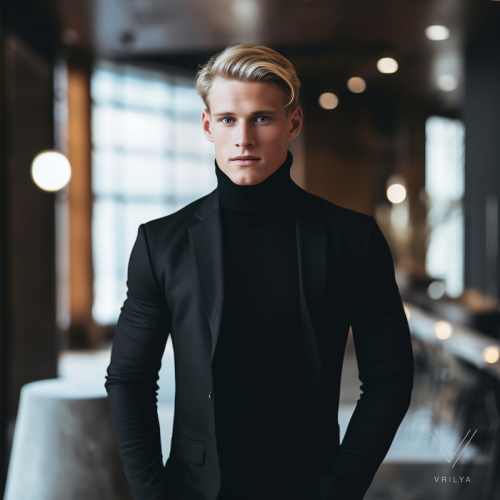 Black turtleneck and jacket. 