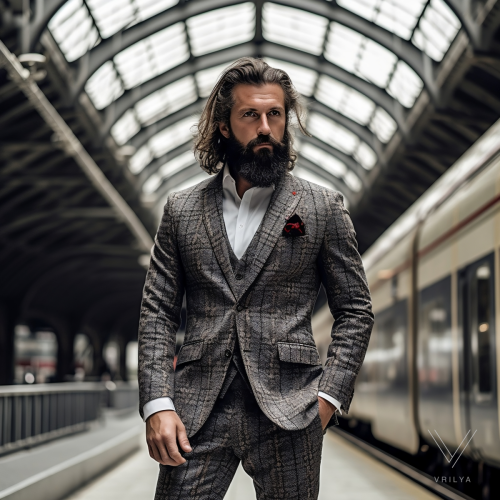 Grey checkered suit and pocket square. 