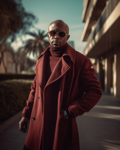 Burgundy coat, turtleneck, and sunglasses. 
