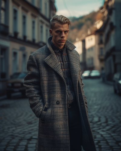 Grey/pastel patterned coat.