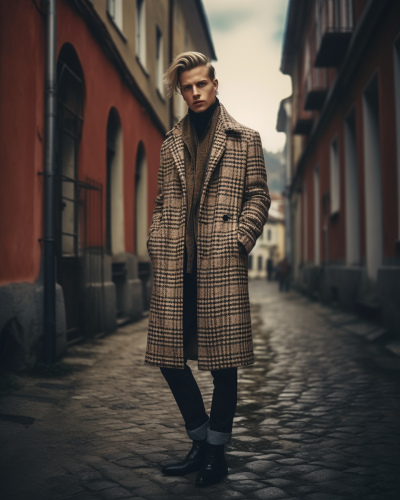 Beige patterned coat and blue jeans. 