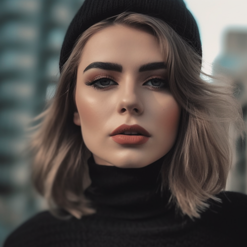 Black turtleneck and cap. 