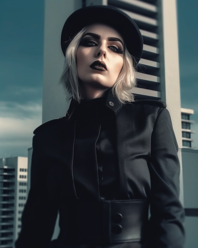 Black minimalist style jacket and hat.