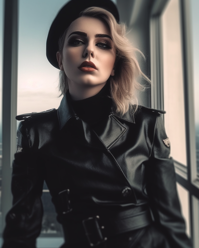 Black military/biker jacket and beret. 