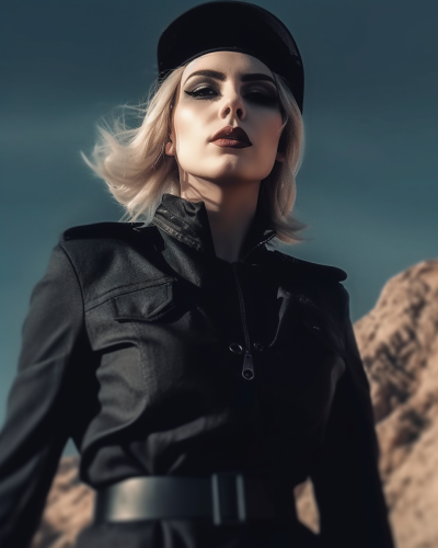 Zip up black military jacket and beret. 