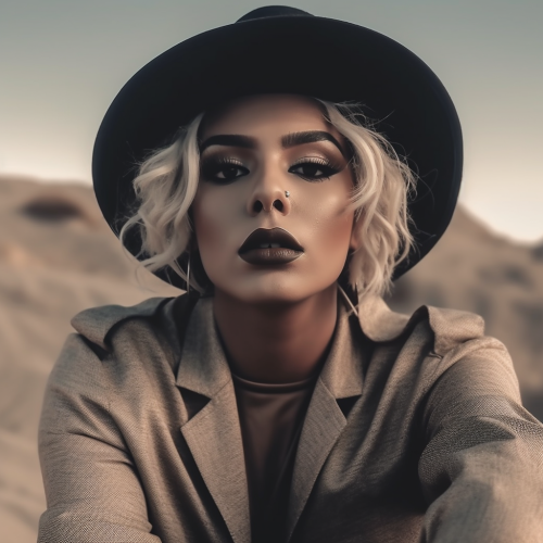 Desert toned blouse and black rimmed hat. 
