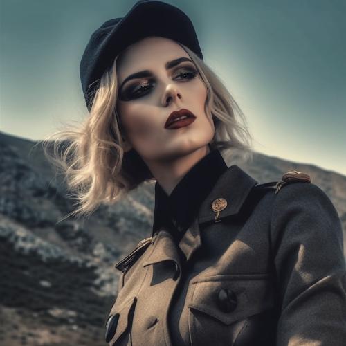 Military themed jacket and hat. 