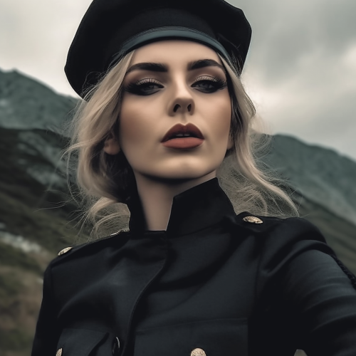 Black military style uniform and beret. 