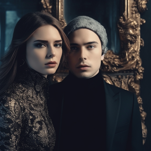 Black jacket, grey cap (him), gold patterned, high collar top (her). 